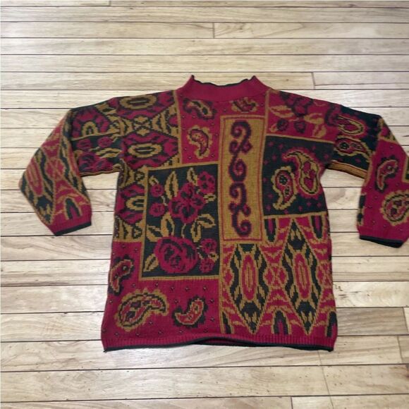 UNITED STATES SWEATERS Vintage Knit Womens M Red Paisley Patchwork Pullover USA - Picture 3 of 12
